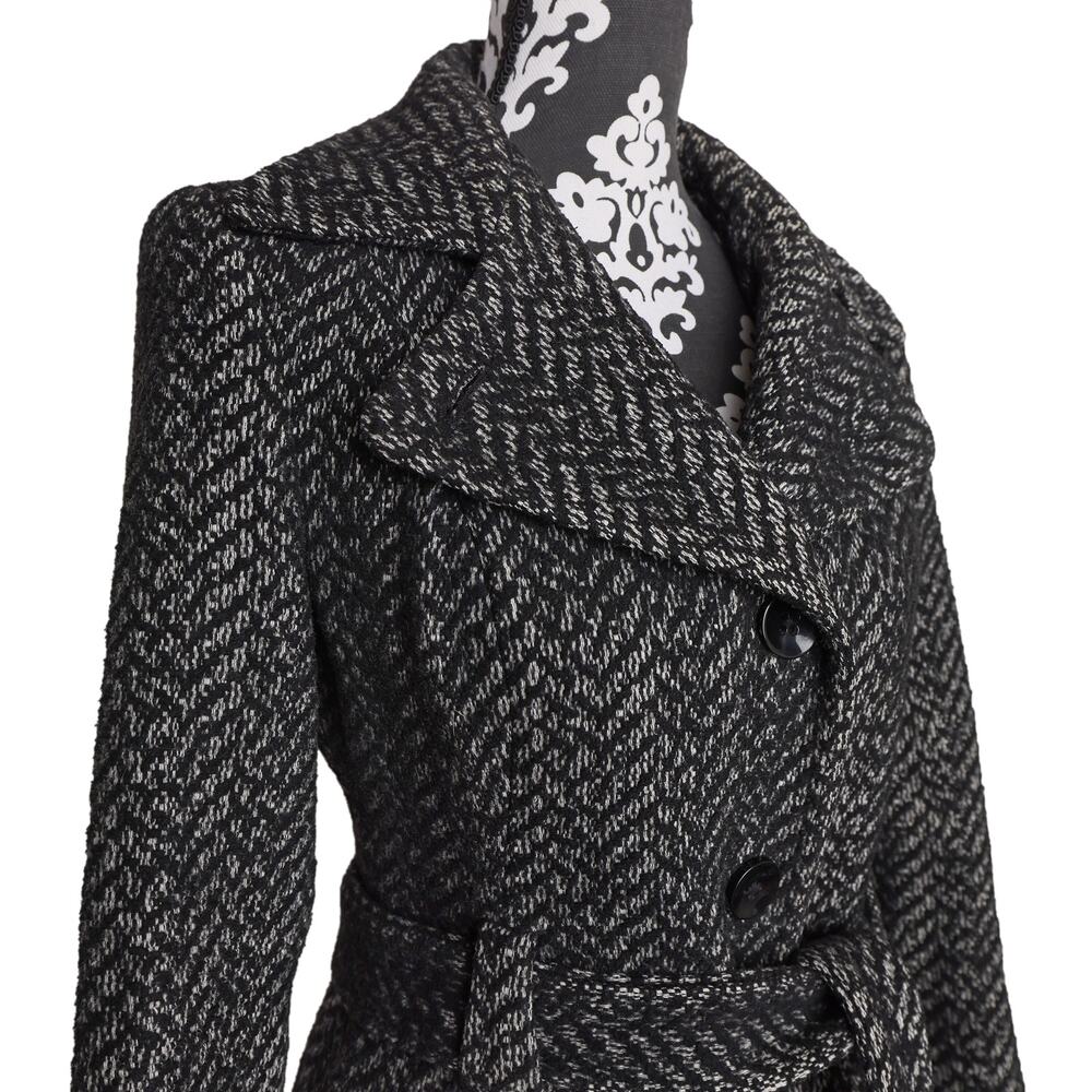 Women's Grey Black Preppy Classic Tweed Anne Klein Button Up Belted Midi Coat - Picture 3 of 10